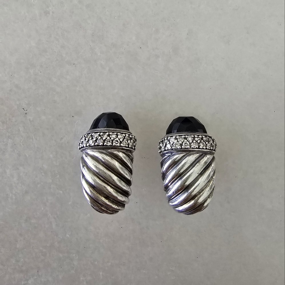 DAVID YURMAN 925 Sterling Silver Diamond Black Onyx Shrimp Earrings